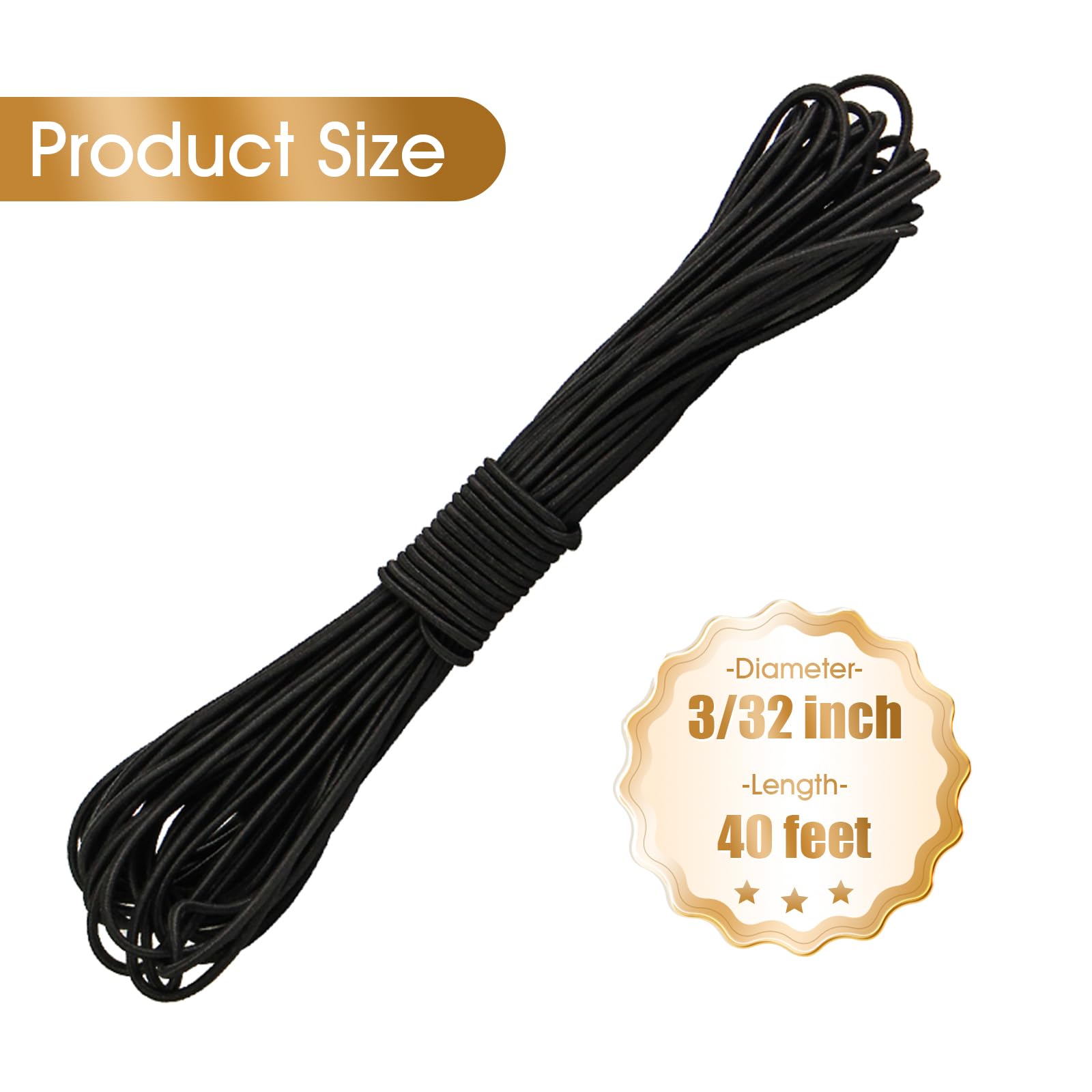 3/32 Inch Black Bungee Cord (2mm), 40 Feet Heavy Duty Elastic