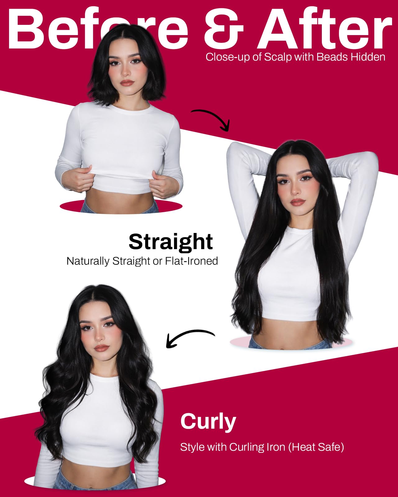 Moresoo Extension à Froid Cheveux Naturel Vigne Rouge Foncé Remy Invisible 45 cm 50g 50 Mèches