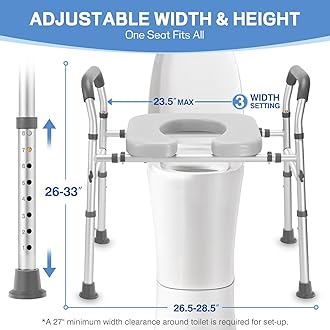 Raised Toilet Seat with Handles, Heavy Duty 500lb Toilet Seat Risers for Seniors, Extra Support Bars for Soft Padded Seat, Adjustable Width&Height Toilet Seat Riser for Disabled-Gray