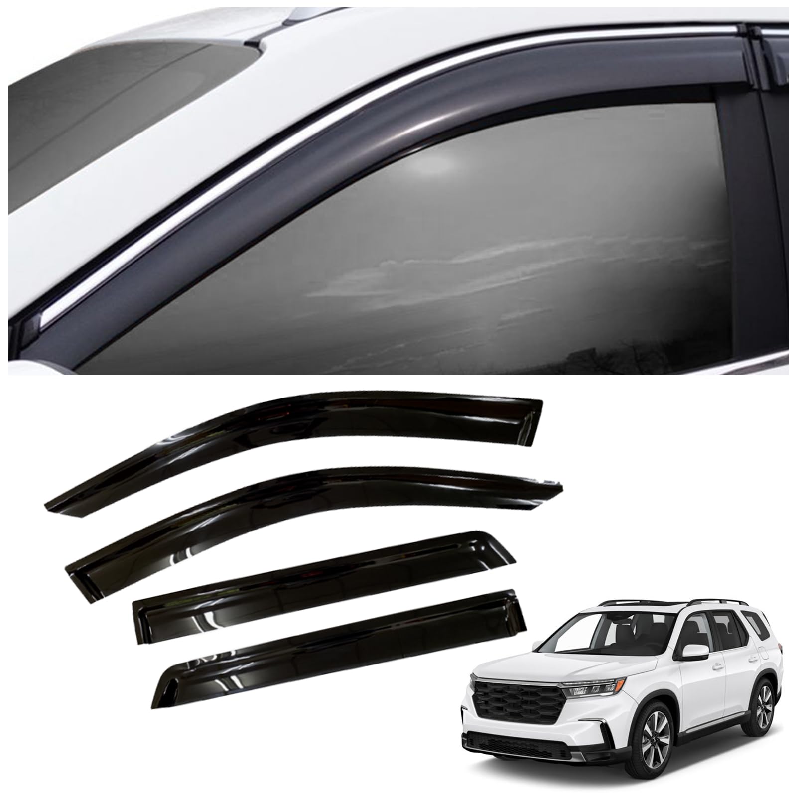 SAOKNCE 4 Pieces Tape-on Extra Durable Rain Guards Fit for 2023 2024 Honda Pilot,Window Deflectors,Window Visors (Smoke Black)