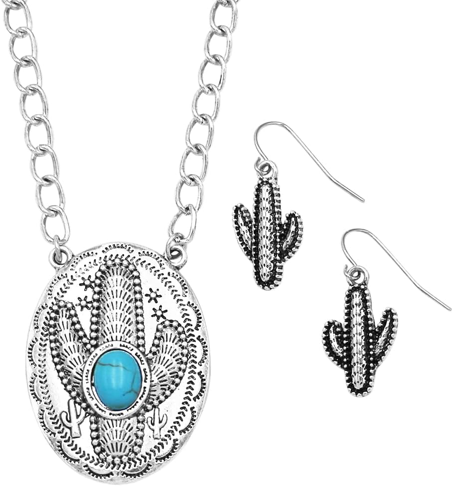 Rosemarie & Jubalee Women's Western Style Semi Precious Turquoise Blue Howlite Stone Textured Metal Cactus Jewlery Pieces