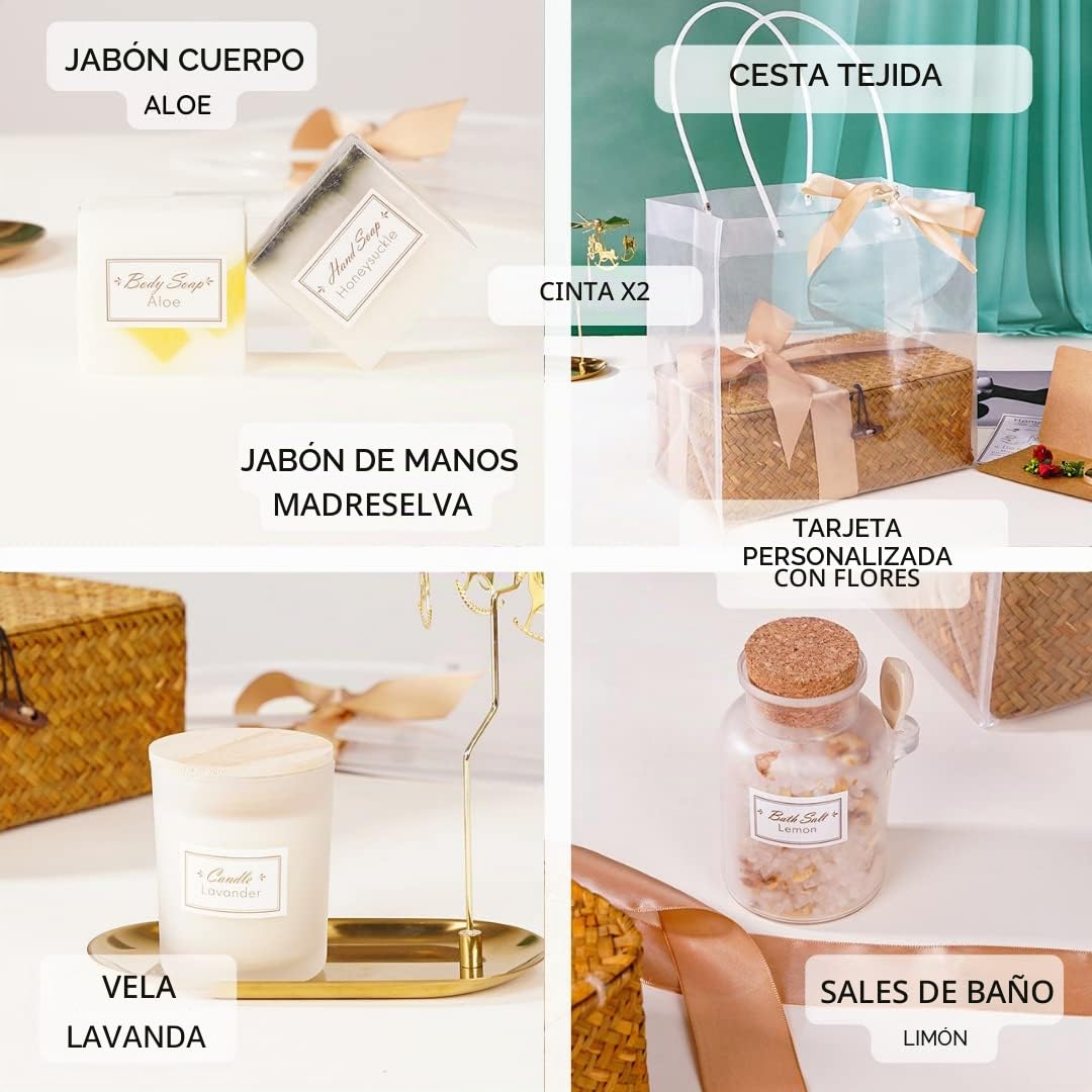 Regalos Originales Para Mujer | Caja Regalo Amigas | Cuidado del cuerpo y bienestar | Cesta Tejida Reutilizable y carta personalizados | Cajas Bonitas Madres Joven | Cumpleaños Enamorados Novia Madre