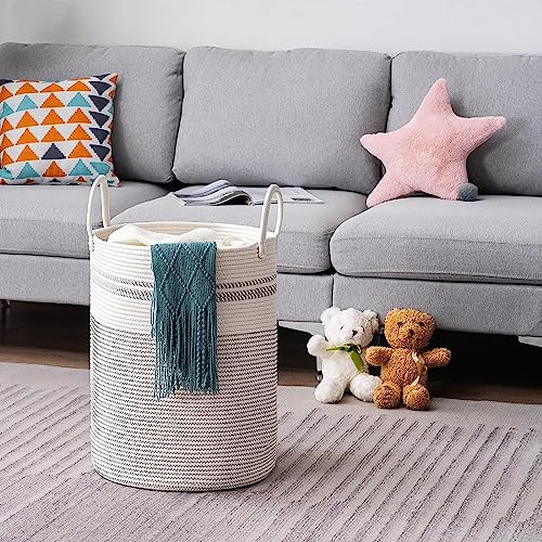 Image of Woven Rope Laundry Hamper Basket, Baby Nursery Hamper For Blanket Storage, Clothes Hamper For Laundry In Bedroom,Hall ( Tall (58L) (15 inchX15 inchX20 inch),(Stripe White))