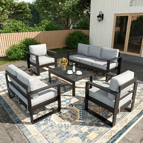 KHOLH 5 Piece Modern Aluminum Patio Furniture Set, Outdoor Patio Sectional Conversation Metal Seating Sets with Olefin Cushion and Coffee Table