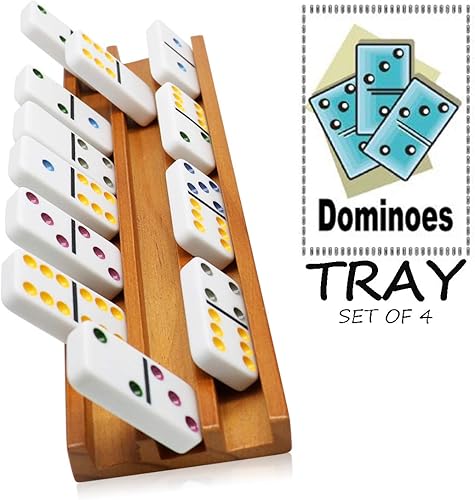 Miniatura 5 de Exqline Bandejas de dominó de madera (juego de 4) – Soporte de azulejos de dominó premium para juegos de dominó de tren mexicano – Dominó no incluido