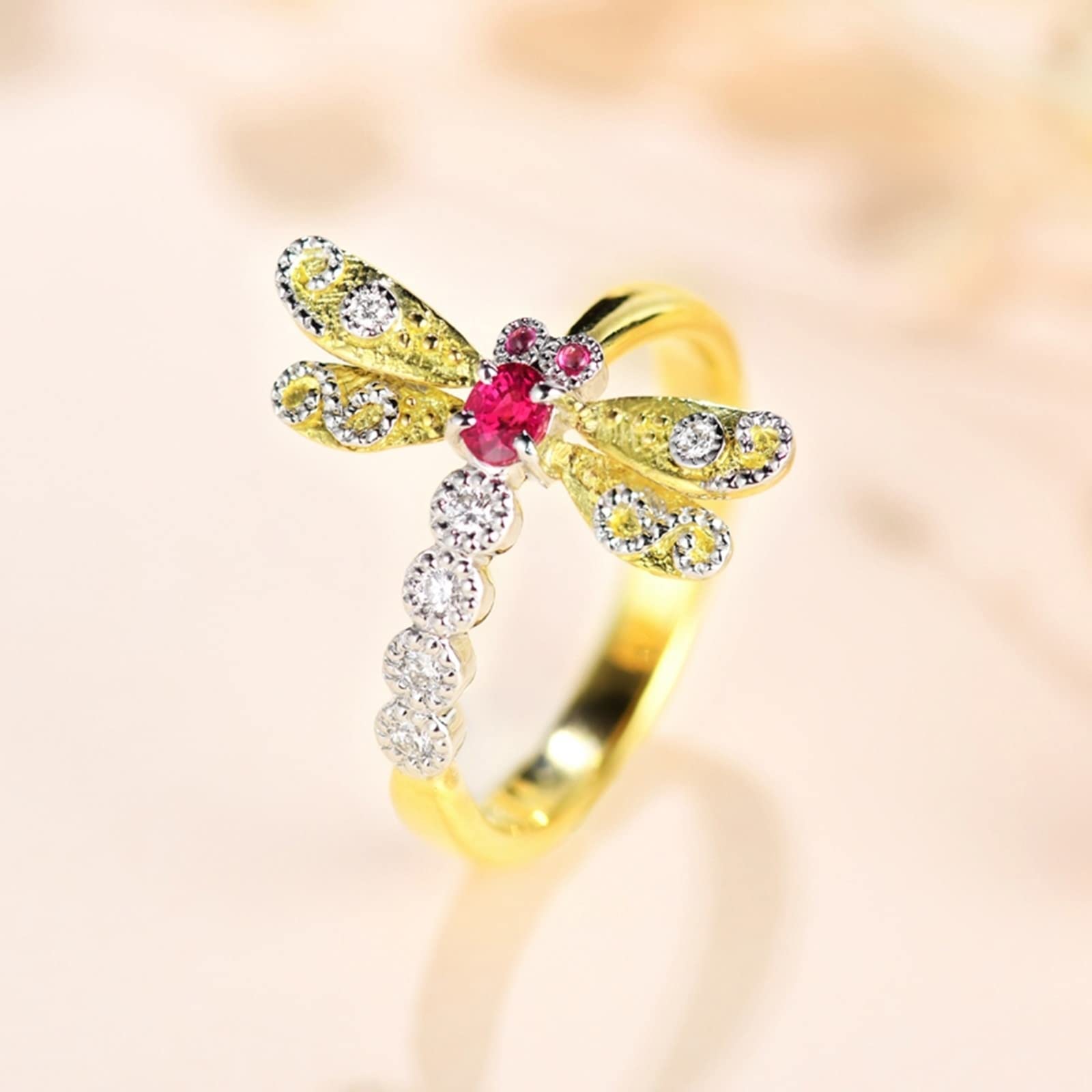 KnSam Echt Gold Ring Für Damen Schmuck Gold Au750 18K, Eheringe 0.2ct Rubin Libelle Pärchen Ringe mit Ovalschliff Eheringe