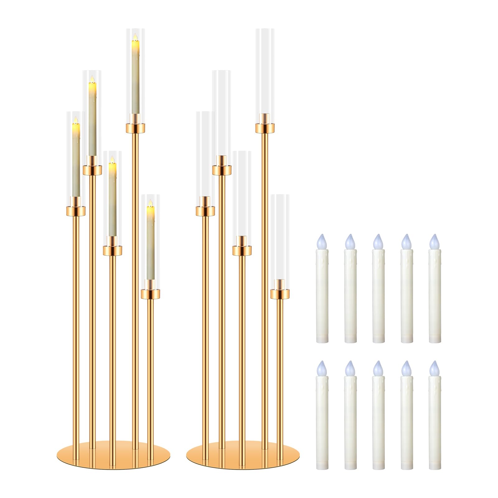 2 Sets 5 Arm Gold Candle Holder with Candles, MSDADA 105 CM Tall Candelabra Centerpieces for Tables Gold Candlesticks Holder for Housewarming Gift Fireplace Dinner Halloween Christmas Wedding Decor