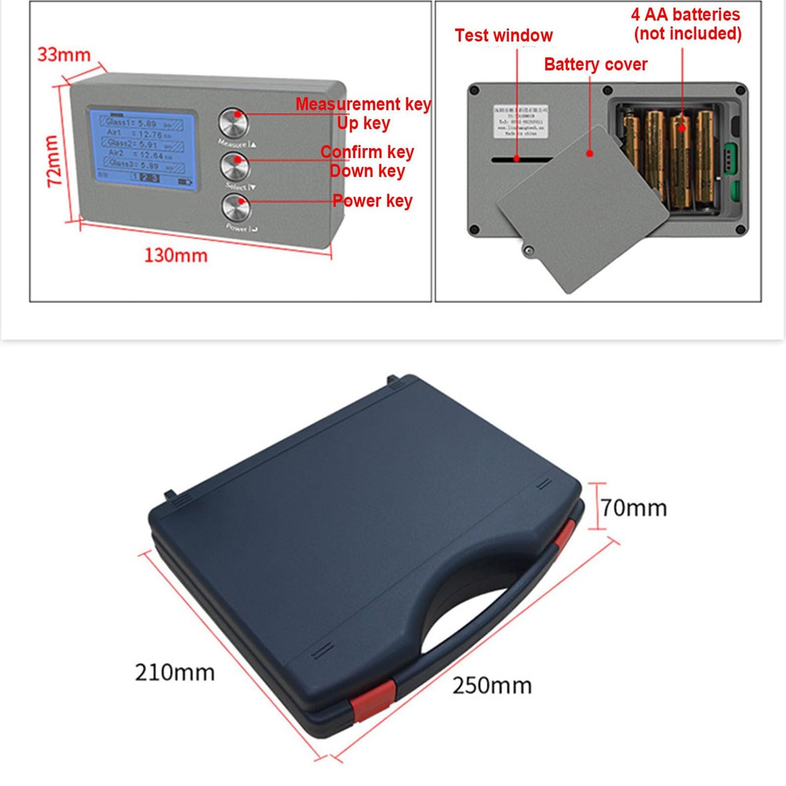 Medidor de grosor de cristal: medición precisa de ± 0,1 mm, rango de 70 mm, pantalla LCD HD, cordón para acristalamiento laminado/templado en ventanas y puertas