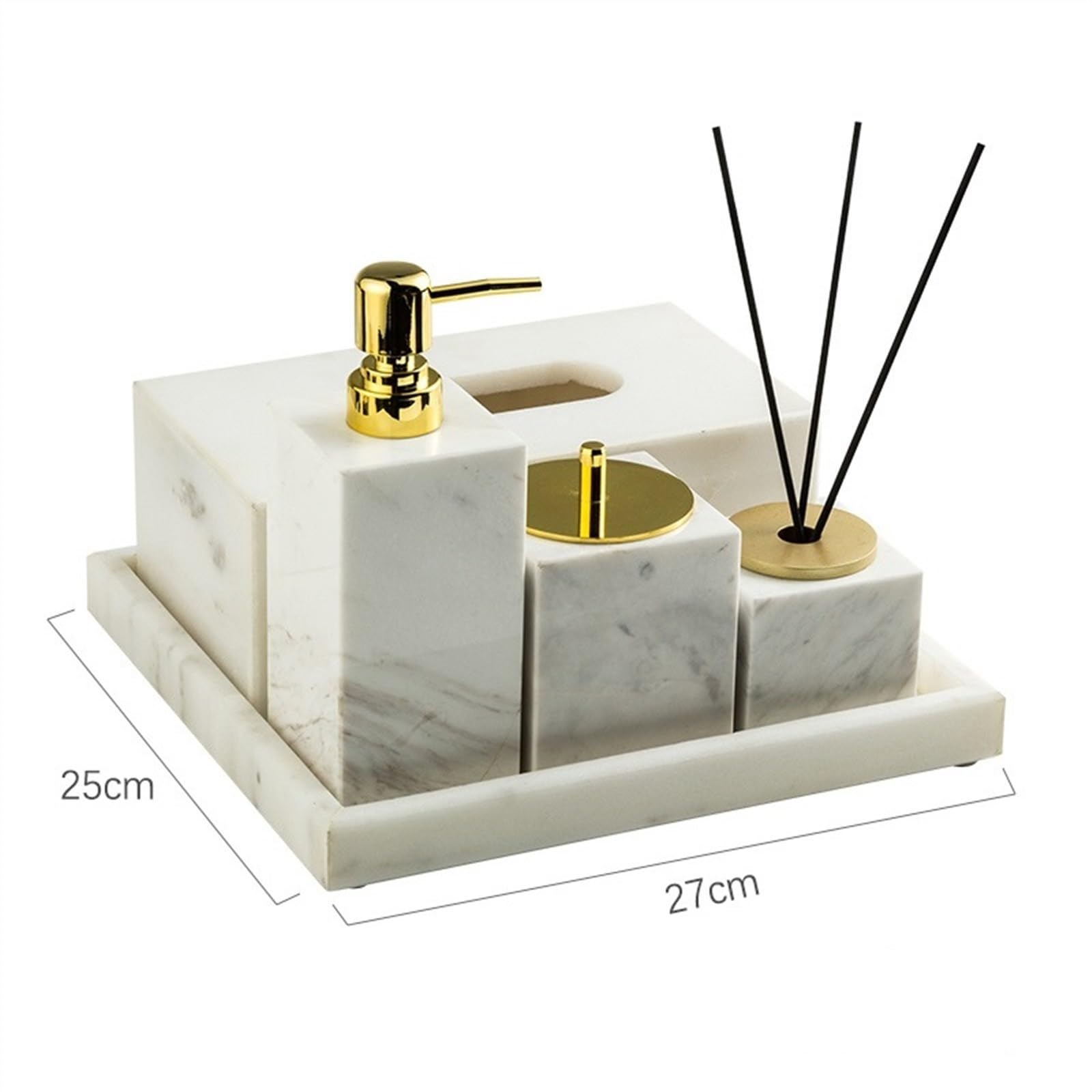Dispensador Jabon Juego de accesorios de baño de mármol de lujo de 5 piezas, dispensador de jabón de mármol, 1 dispensador de loción, 1 caja de pañuelos, 1 organizador de palillos de dientes, 1 botell