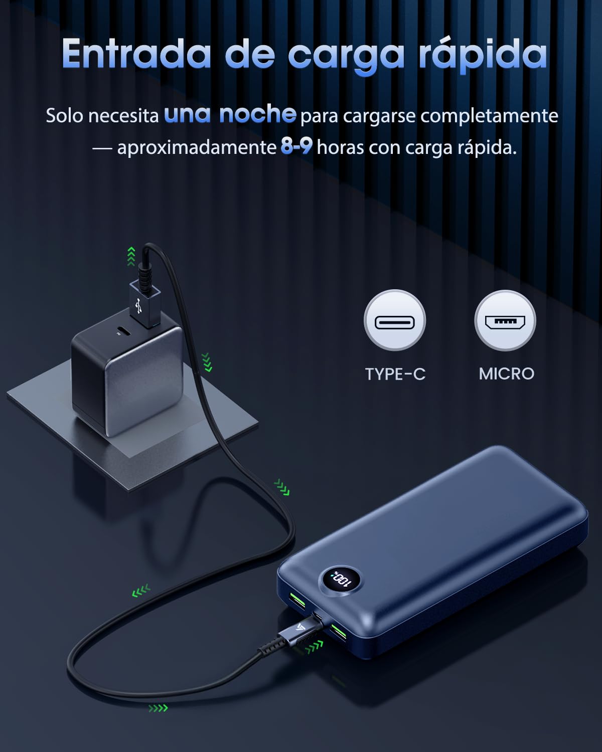 Power Bank 50000mah, 22.5W Bateria Externa Carga Rapida Portatil Camping,USB-C con 3 Salidasy 2 Entradas, Pantalla Led, Gran Capacidad Compatible con iPhone iPad, Android Azul