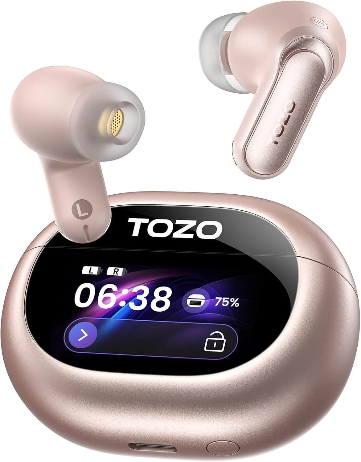 TOZO NC20 Pro Active Noise Cancelling Wireless Earbuds with Smart Touch Screen, LDAC Hi-Res Audio, Stereo Bass, 6 Mics AI Call Ear Buds, 80H Playtime, IPX8 Waterproof, 32 EQ via App, Wireless Charging Titanium Pink