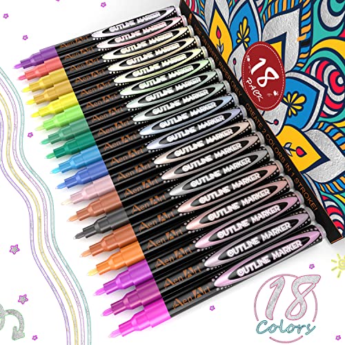 Aen Art Squiggles Outline Pens, 18 Color Selfoutline Shimmer Markers