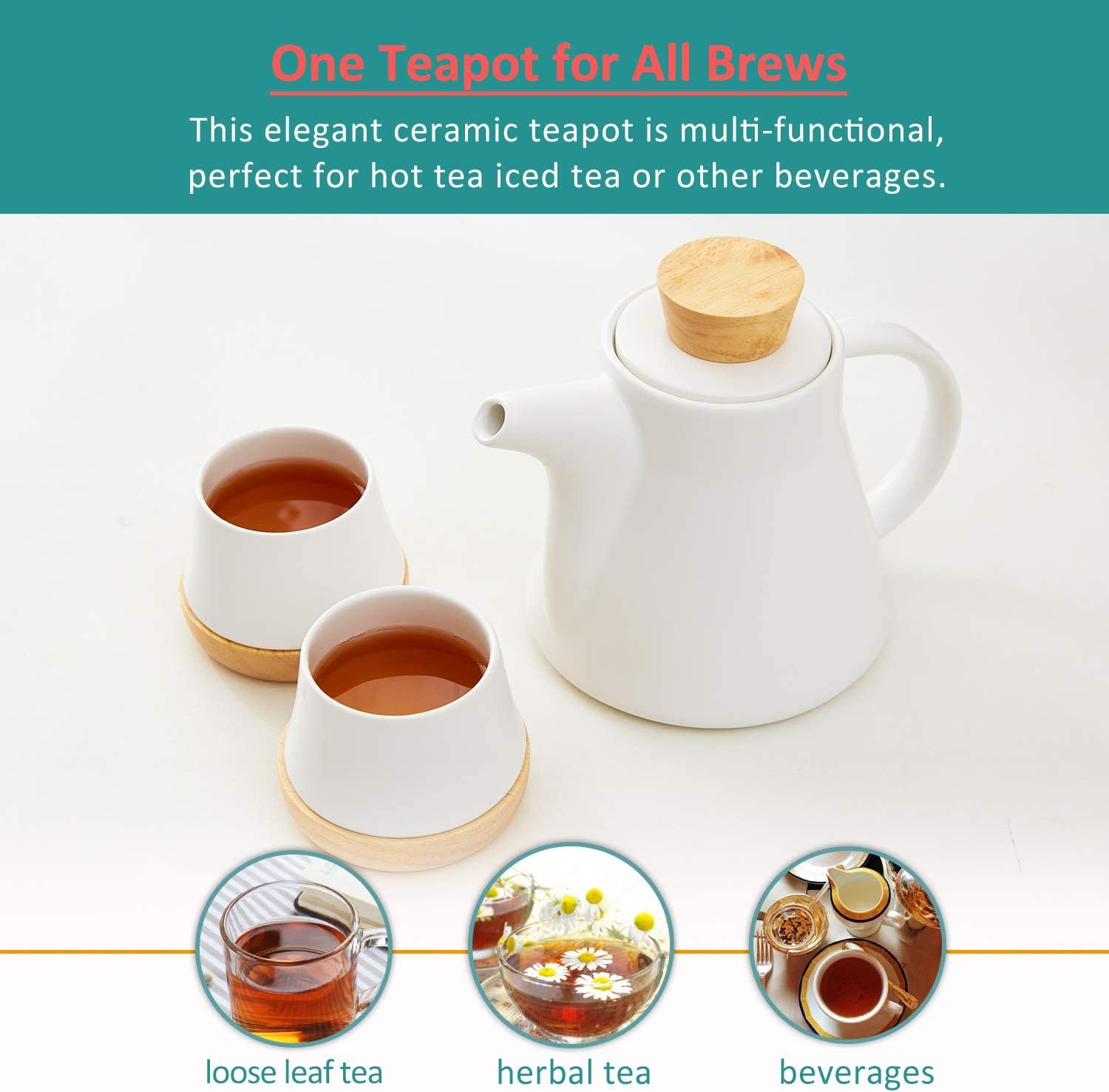 Juego de teteras de cerámica de 10 piezas, juego de té con tetera de 25 oz/750 ml, 4 tazas de 150 ml y 4 posavasos de madera, tetera de porcelana con infusor de acero inoxidable extraíble para hojas
