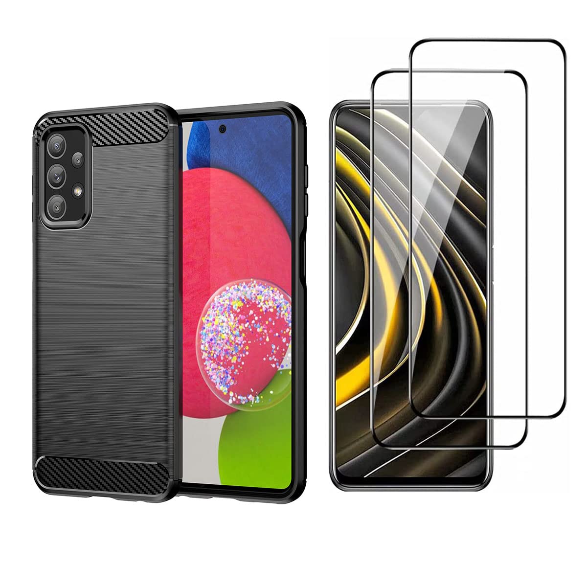 [1+2] Case for Galaxy A13, with Tempered Glass Screen Protector [2 Pcs], Shock-Absorption Flexible TPU Rubber Protective Cell Phone Cover for Samsung Galaxy A13 4G/5G (Samsung Galaxy A13, Black)