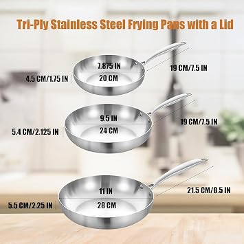 Inqibee 20-24-28CM Tri-Ply Stainless Steel Frying Pan Set of 3 with A Lid