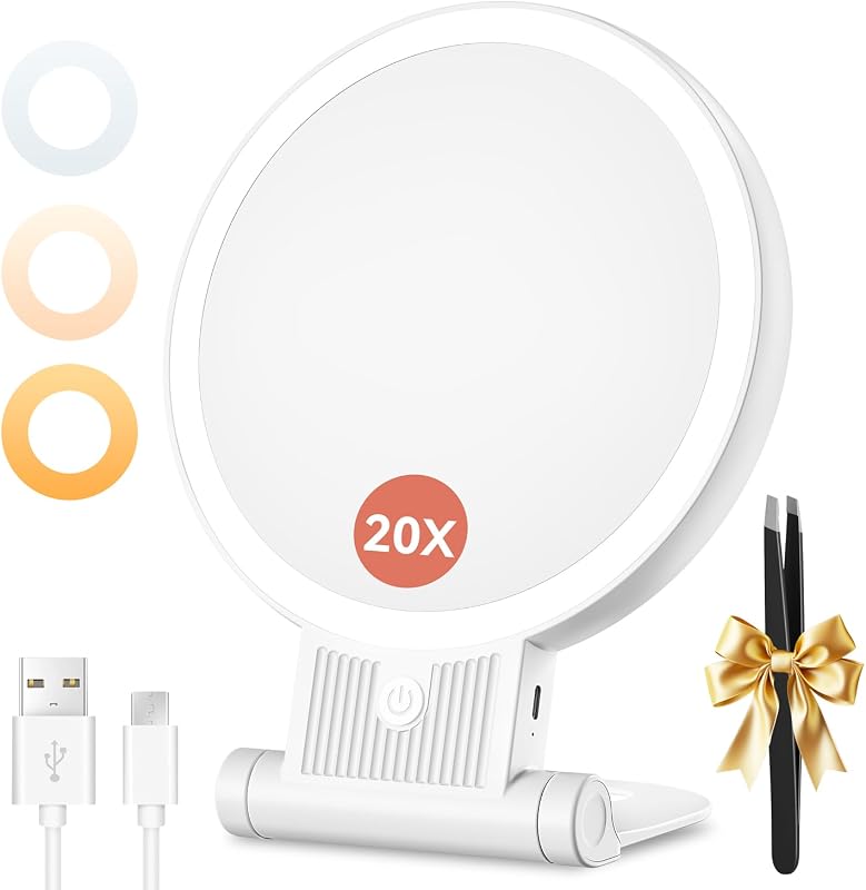 Espelho de maquiagem recarregável Auxmir com luz, dupla face 1X/20X, branco