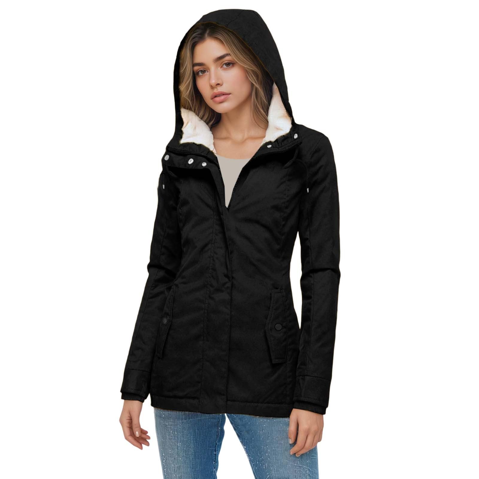 Generico Poncho Impermeabile Donna,Giacca Casual Con Cappuccio Foderata In Pile Antivento Sportiva Termica Calda Con Cerniera Per Autunno Inverno Spostamenti Quotidiani Viaggi Escursioni
