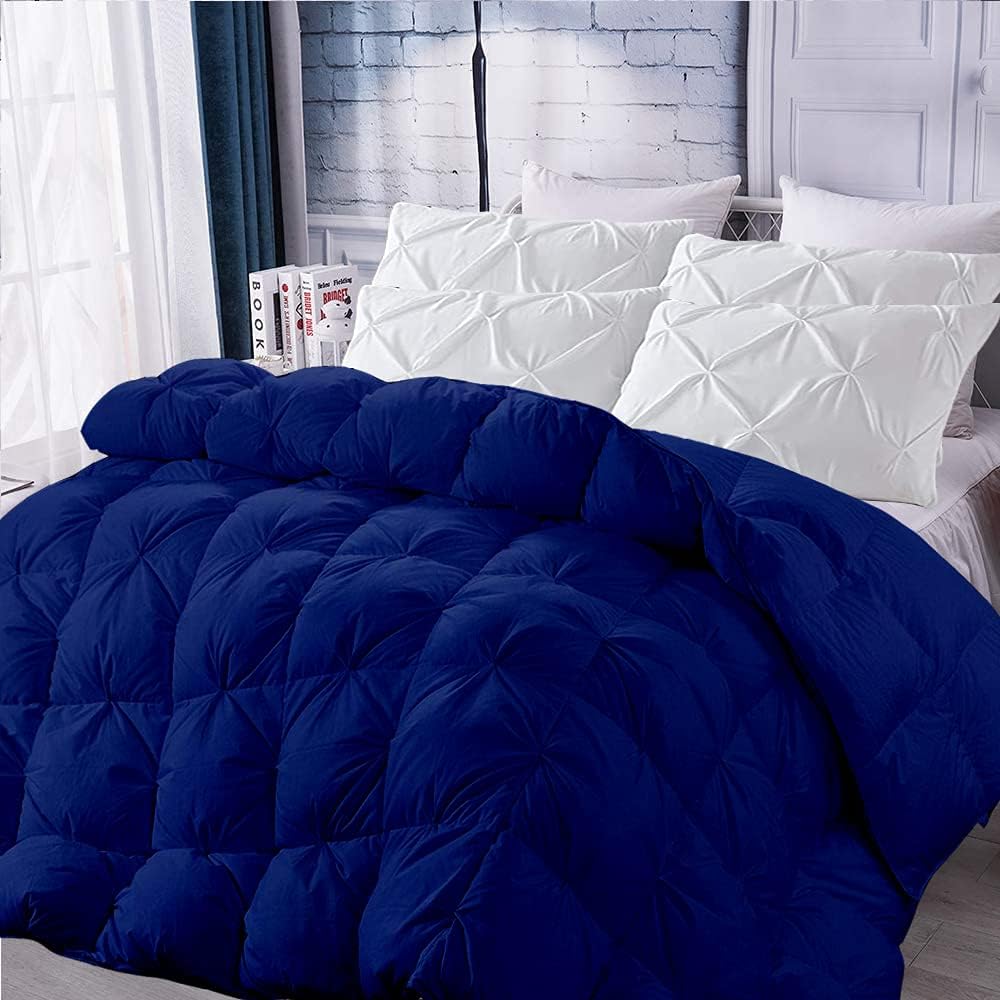 Royal Blue All-Season Luxury - Pintuck Style 100% Organic Cotton Twin/Twin XL Size 68" x 92" 3-Piece Pinch Pleat Comforter with 2 Pillow Cases, 500 GSM - Machine Washable