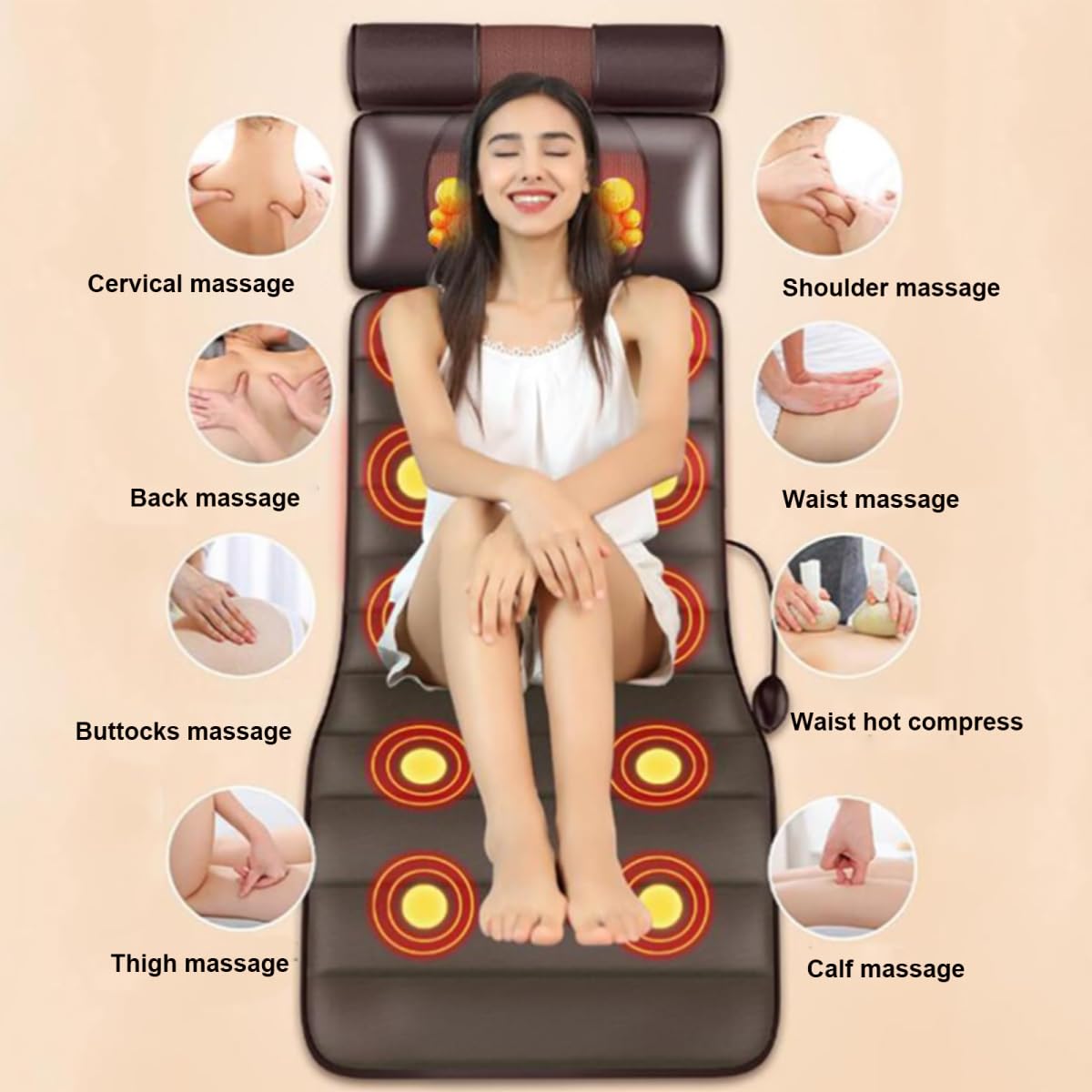 Esterilla de masaje de cuerpo completo con almohadillas térmicas ajustables, almohadilla masajeadora de espalda para relajación de los músculos del cuello y la espalda, diseño portátil y plegable