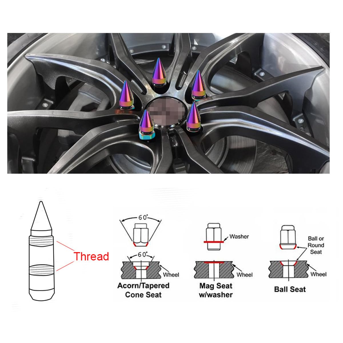 Osilly 20 Stück M12 x 1,5 Auto-Radmuttern mit spitzer Kappe, 60 mm Höhe, Aluminium, korrosionsbeständig, Automobil-Räder, Radmuttern, Fahrzeugkappe, verlängerter Tuner, universell für SUV, LKW,