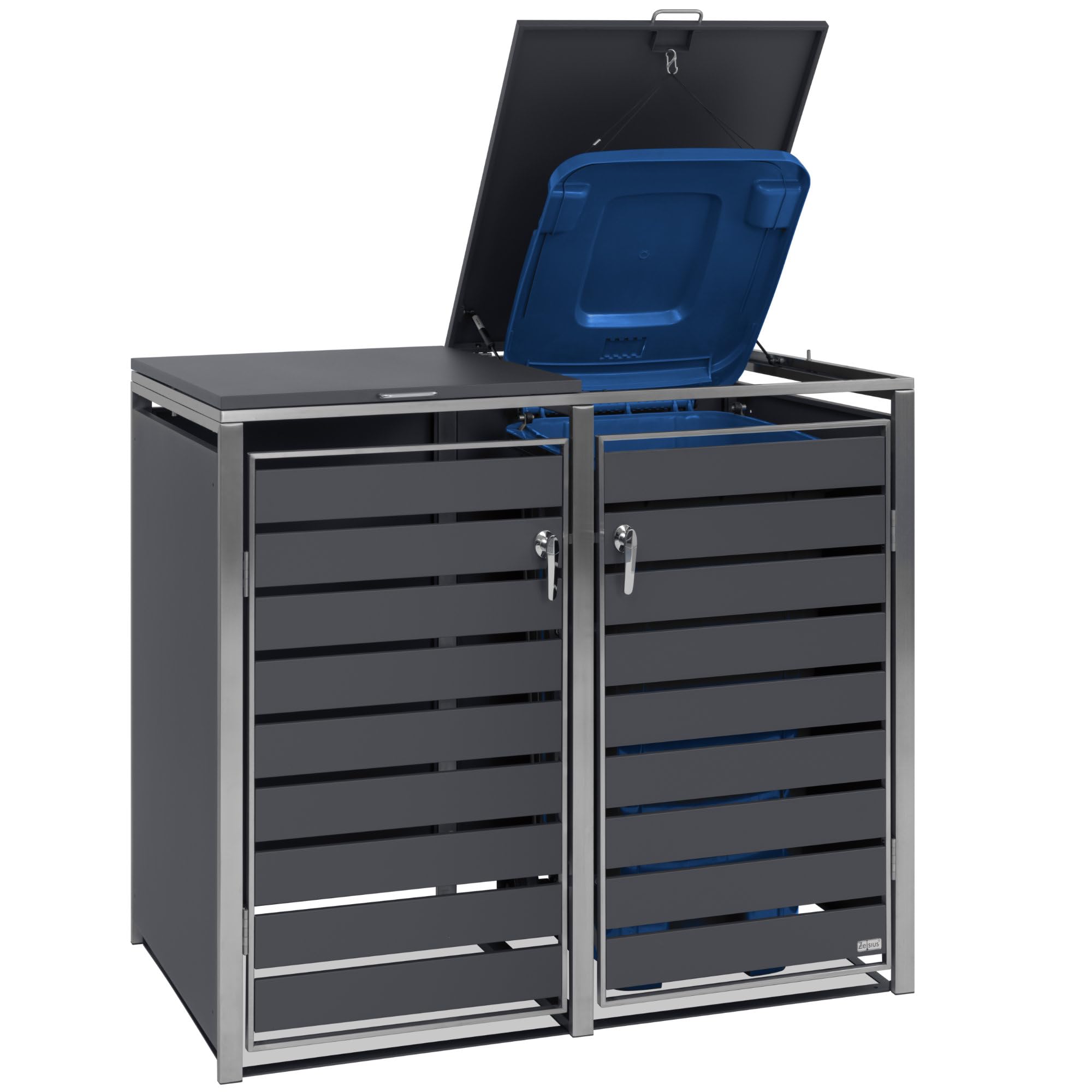 Zelsius Edelstahl Mülltonnenbox 2er Mülltonnen | (B) 132 x (T) 80 x (H) 117 cm | Anthrazit RAL7016 | inkl. Erweiterungsmöglichkeit | Mülltonnenverkleidung, Garten Müllbox, Müllhaus