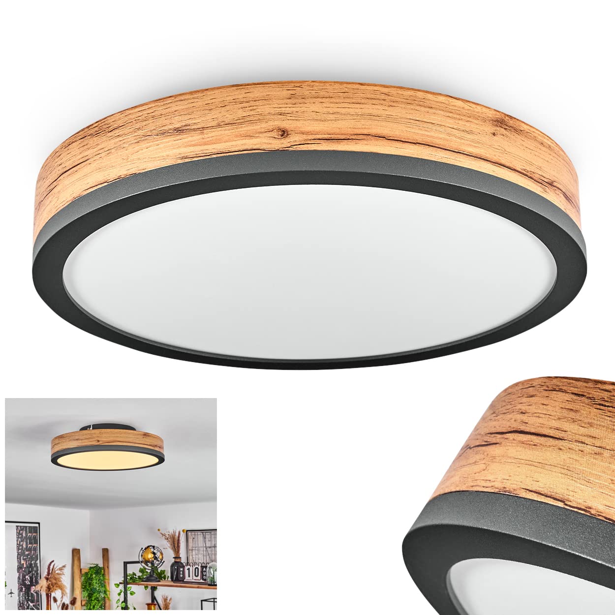 LED Ceiling lamp Salmi, Ceiling lamp Made of Metal/MDF/Plastic in Anthracite/Wood Look/Brown/White, Ø30 cm, 950 Lumen, 3000K, 1 x LED 12 Watt (incl.) IP20