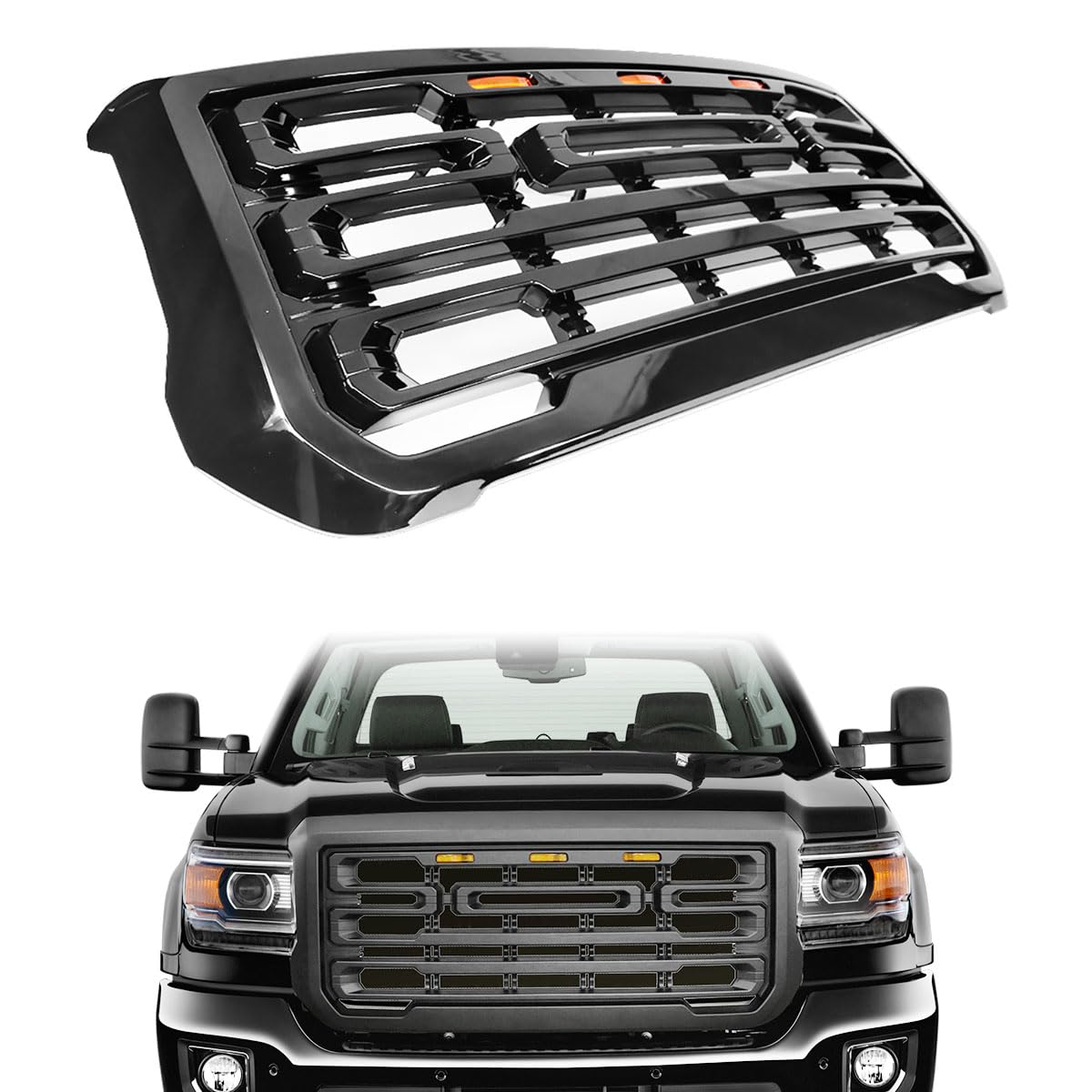 HYPER GLORY Front Bumper Grille Replacement, Compatible with 2015-2019 GMC Sierra 2500 3500, Gloss Black IKON Style Replacement Front Grill Assembly,