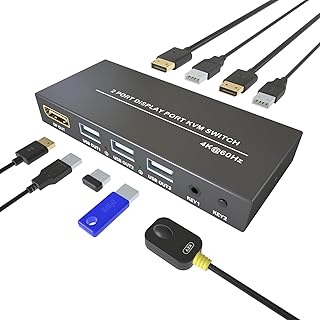 Displayport kvm Switch - 2 Port DP KVM Switch,Display Port Monitor Switch for 2 Computers Share 3 USB2.0 Keyboard Mouse Printer,U-Disk,Support 4K@60Hz,2 DP&2 USB Cables 1 Desktop Controller