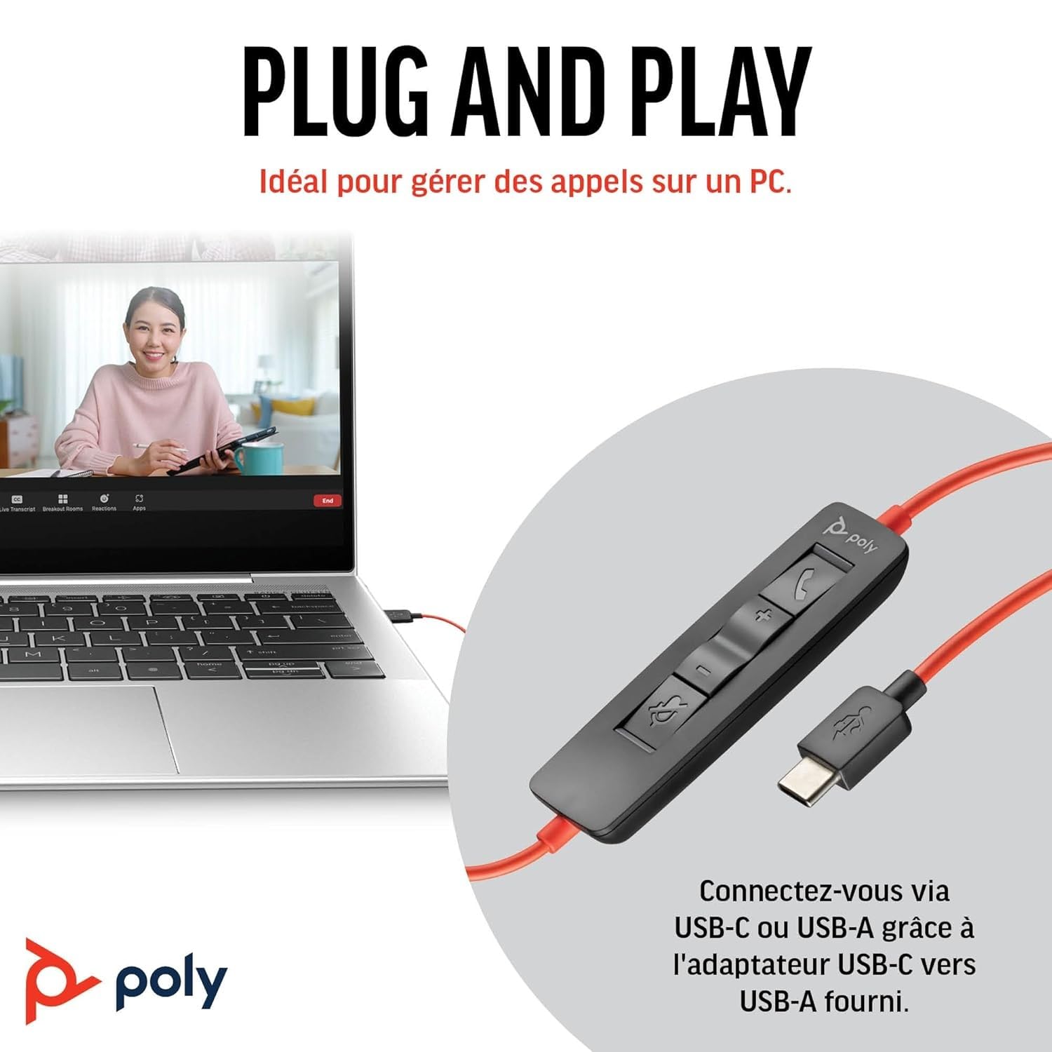 Micro-casque filaire Poly Blackwire 3320 – Perche de microphone flexible – Stéréo hi-fi – Connexion à un PC/Mac via USB-C ou USB-A – Fonctionne avec Teams/Zoom