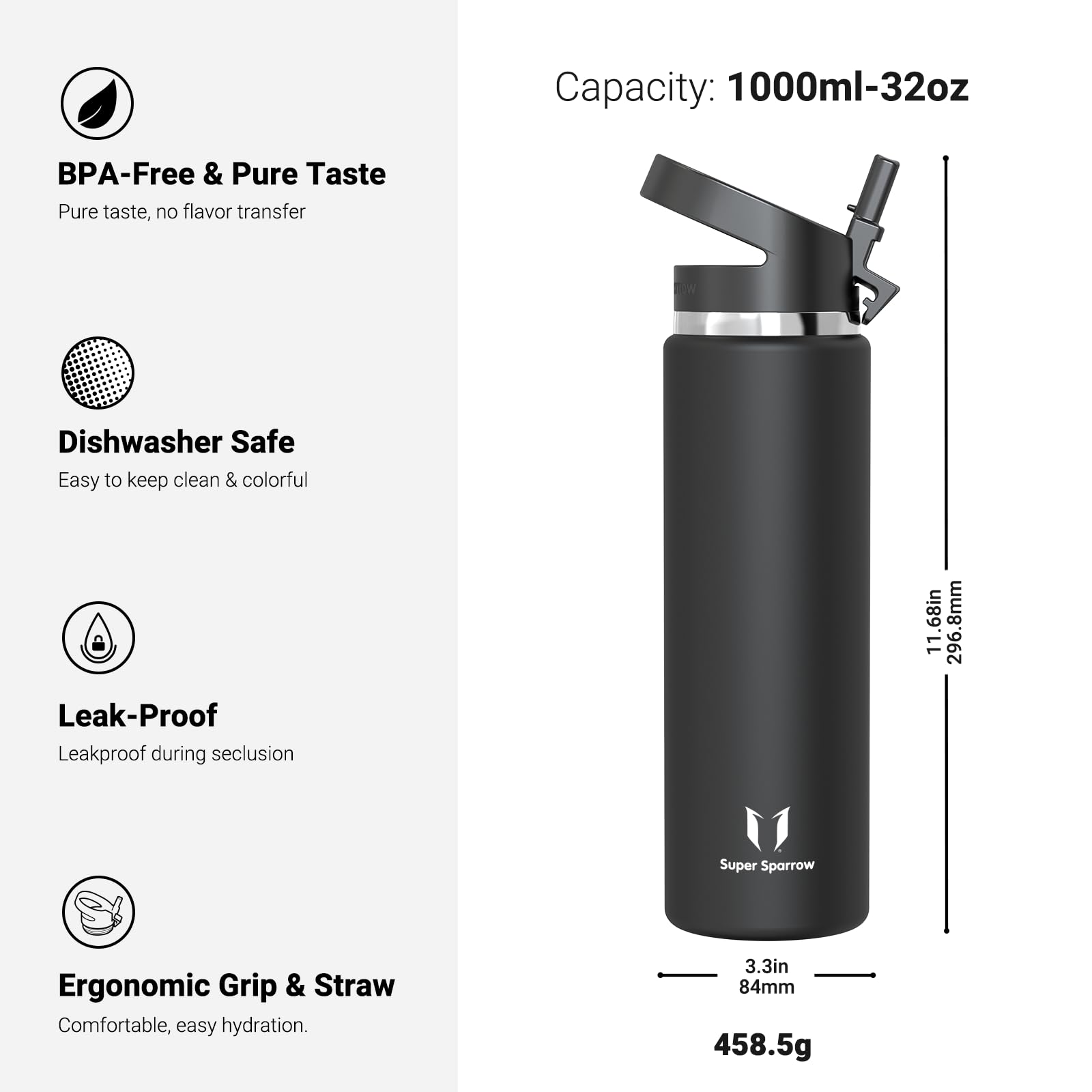 Super Sparrow Borraccia Termica - 500ml, 750ml, 1000ml, 1.2L, 1.5L- SwivelSip Inox Bottiglia - Senza BPA Borracce Termiche, Borraccia Ergonomica per Bambini, Sportiva, Bici, Campeggio, Palestra