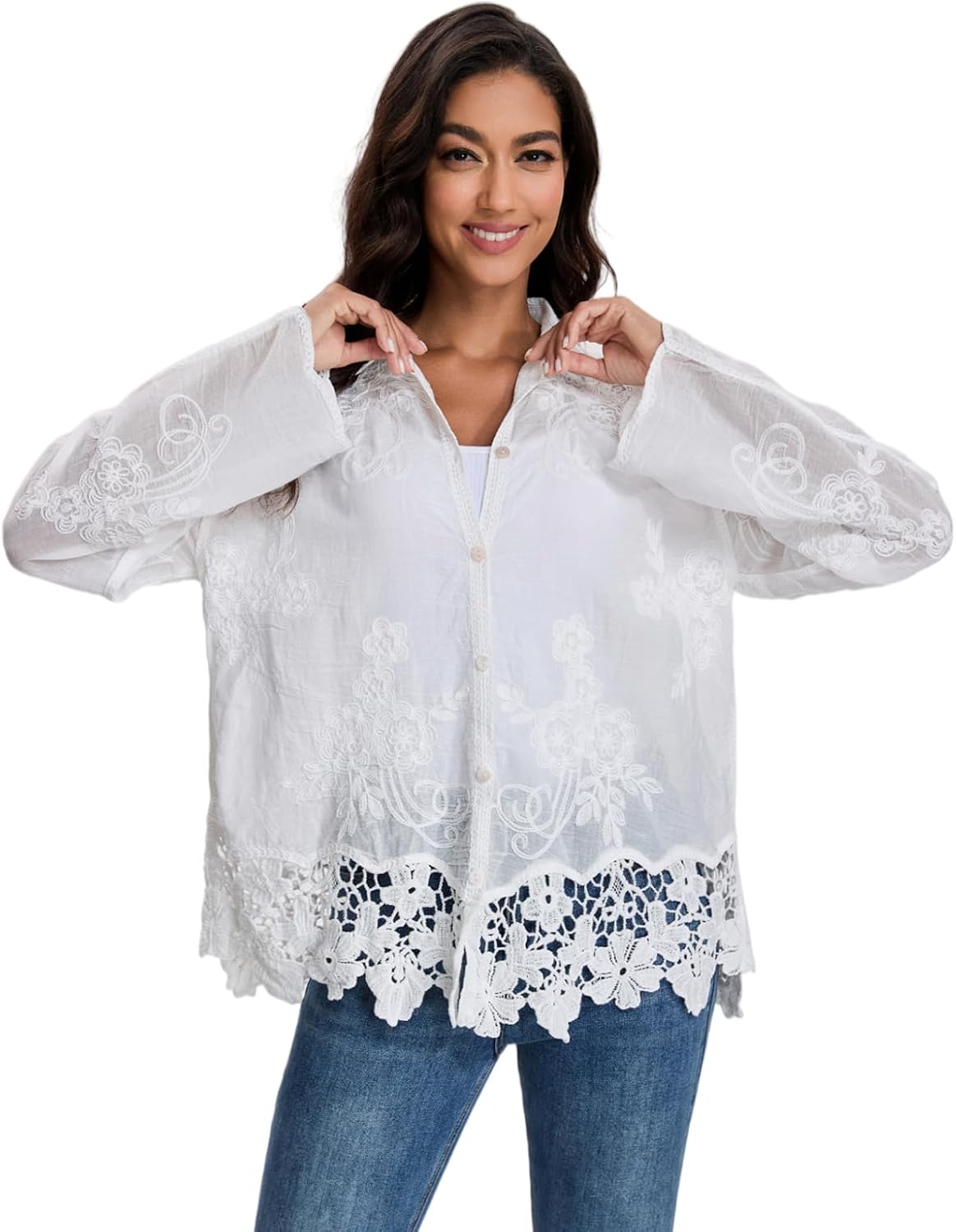 Women's Boho Lace Embroidered Shirt Sheer Long Sleeve Button Down Blouse, Casual Loose Fit Crochet Hem Top for Spring Autumn