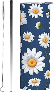 20 oz Tumbler Reusable Coffee Travel Mug with Lids and Straws, Leak Proof Coffee Cups Insulated Water Bottles Stainless Steel for Women, Men, Sports - Daisy