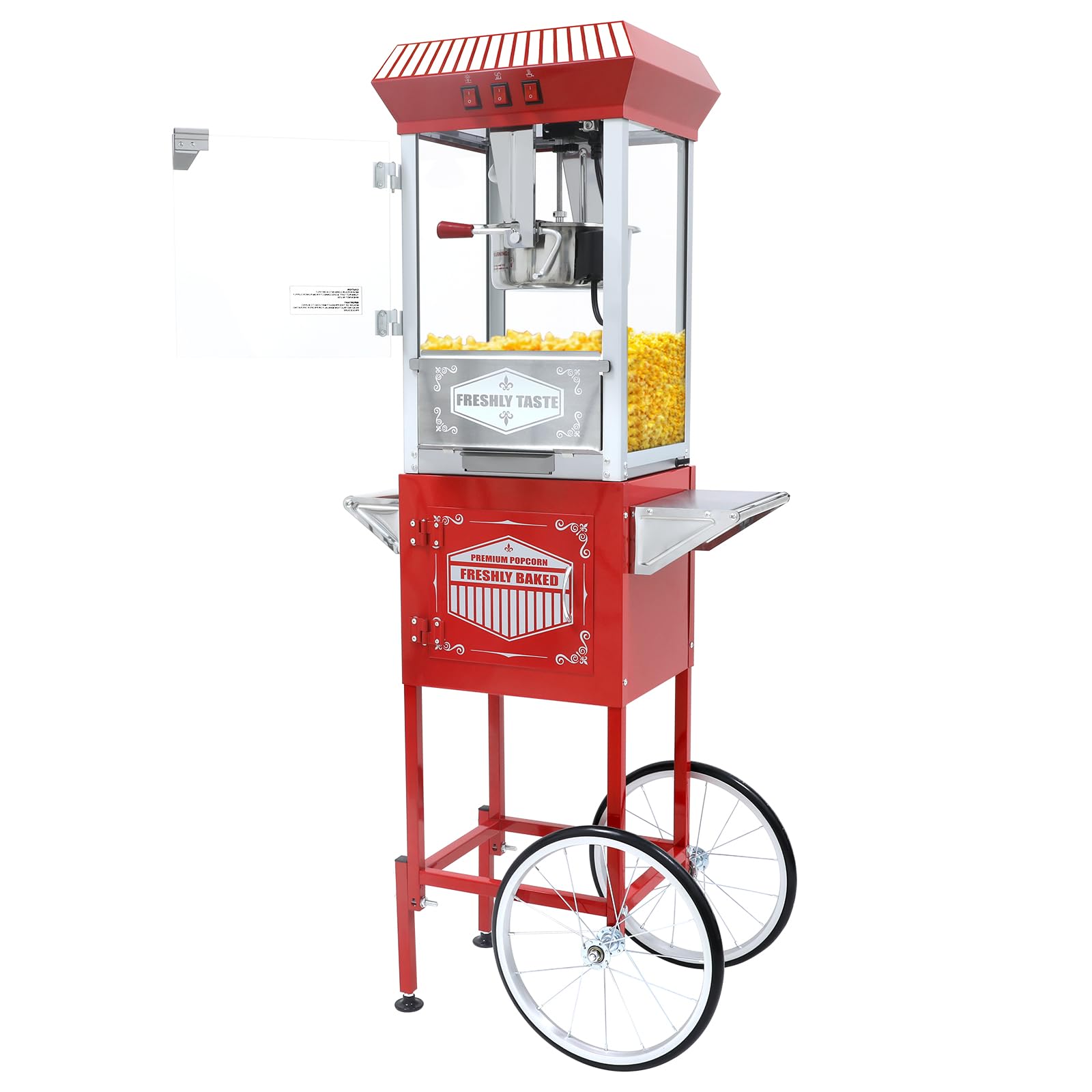 Nyddle Commercial Popcorn Machine with Cart and 12-Ounce Kettle,Vintage-Style Popper on Wheels with Tempered Glass, Warming Deck, 850W Popcorn Popper for Parties, Events, and Home Theater
