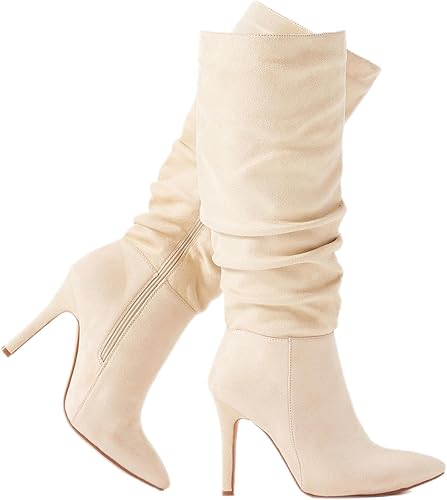 katliu Botas altas hasta la rodilla de gamuza para mujer, botas de tacón alto con cremallera y punta puntiaguda