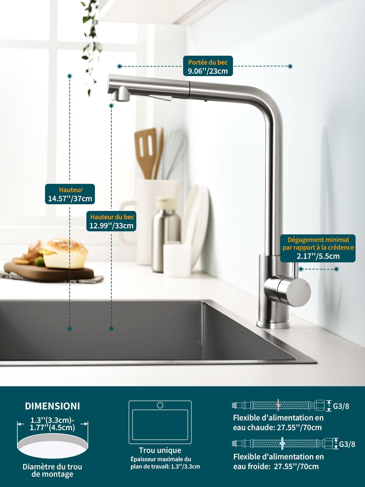Hiqufet Robinet Cuisine, Bec Haut en Acier Inoxydable avec Rotation à 360°, Deux Modes et Installation DIY Facile, Nickel Brossé