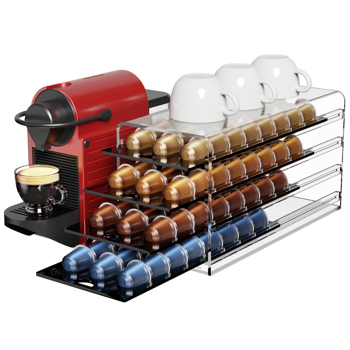 Cajón acrílico para cápsulas originales de Nespresso, organizador de 4 niveles y 96 cápsulas de capacidad para encimera, cafetería, hogar, oficina, cocina