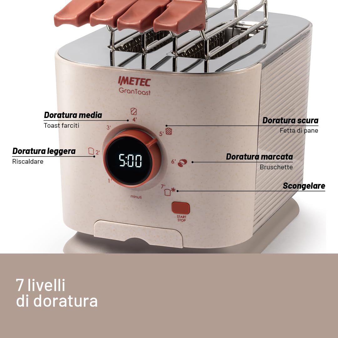 Imetec Grantoast - Tostapane 2 Fette XL con Pinze Apribili per Toast Farciti - 7 Livelli Doratura, Facile Pulizia, Display LED, Griglia Scalda Brioche, Pizzette e Focacce, Timer Digitale, Acciaio Inox