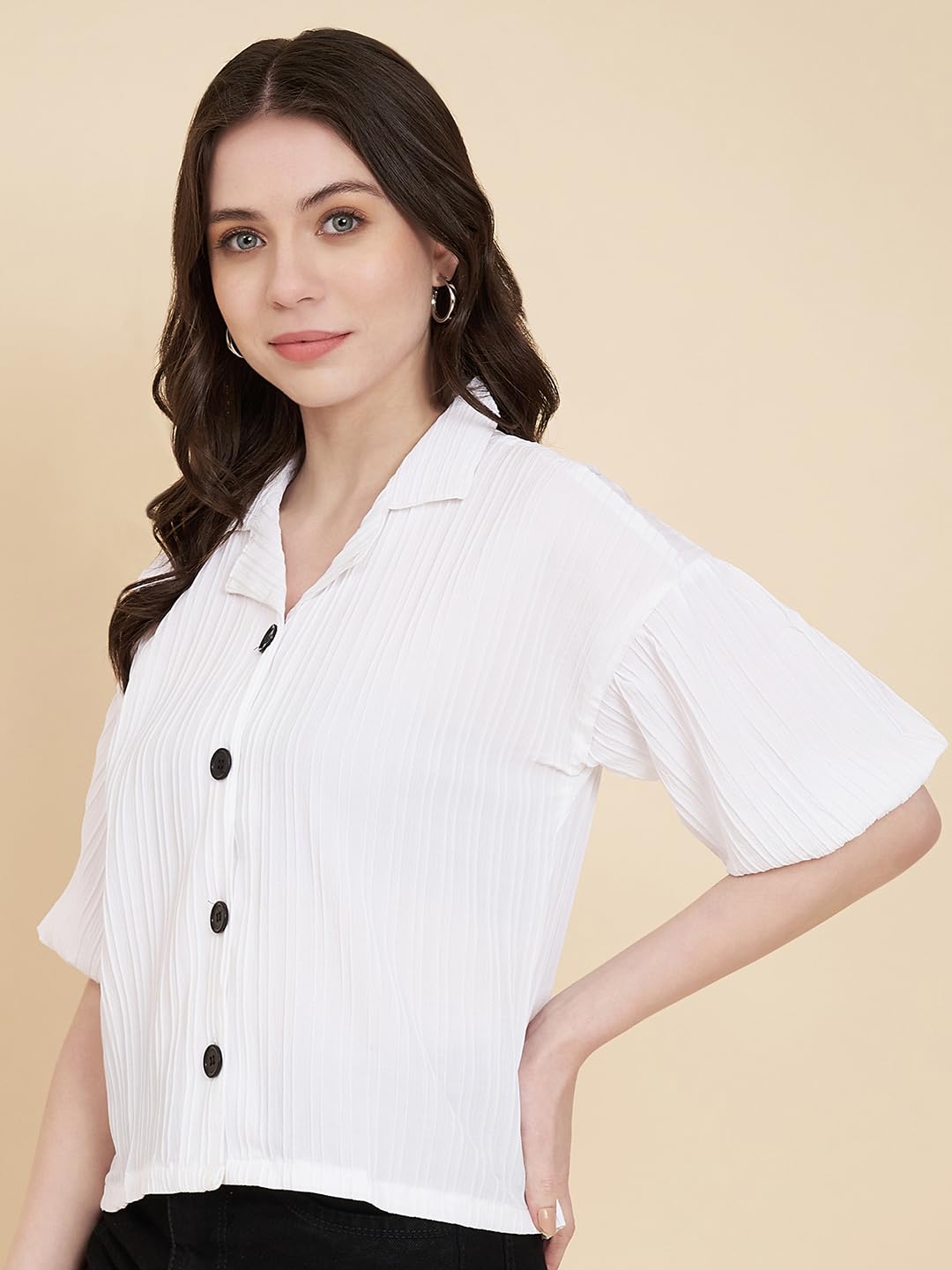 Ekasya Damen-Baumwoll-Mischgewebe, gestreiftes Muster, V-Ausschnitt, halbe Ärmel, stilvolles Boxy-Hemd für Damen, langes Hemd für Damen, Hemd, Tops für Damen, übergroßes Hemd für Damen (E1621)