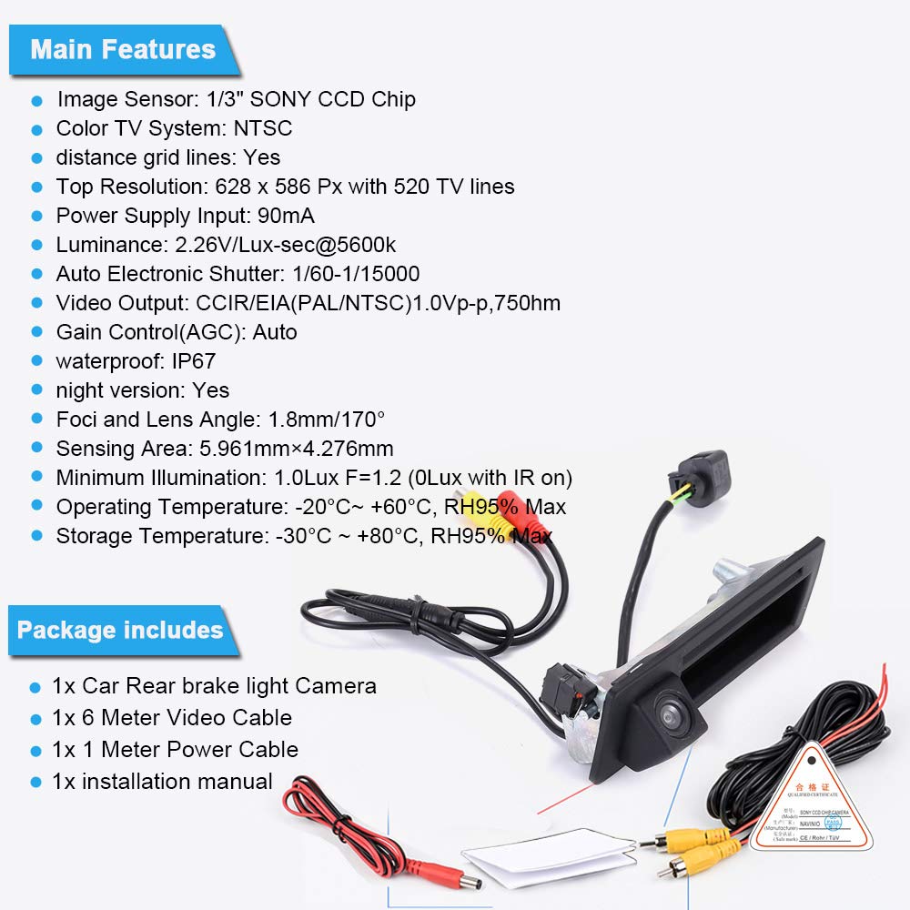 HD Maniglia del bagagliaio Telecamera retromarcia fotocamera posteriore visione notturna sistema Compatibile con V W Bora Variant Kombi/Golf4 MK4/Touareg/Passat/Porsche Cayenne 9PA 955