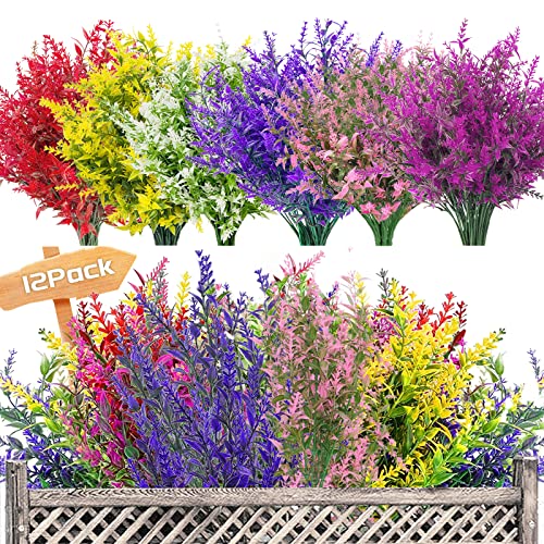 Garlag 12 Bundles Artificial Lavender UV Resistant Plants Outdoor Faux Flowers Shrubs for Floral Arrangement, Indoor Outside Hanging Garden Home Wedding Farmhouse Decor (SixMulti)