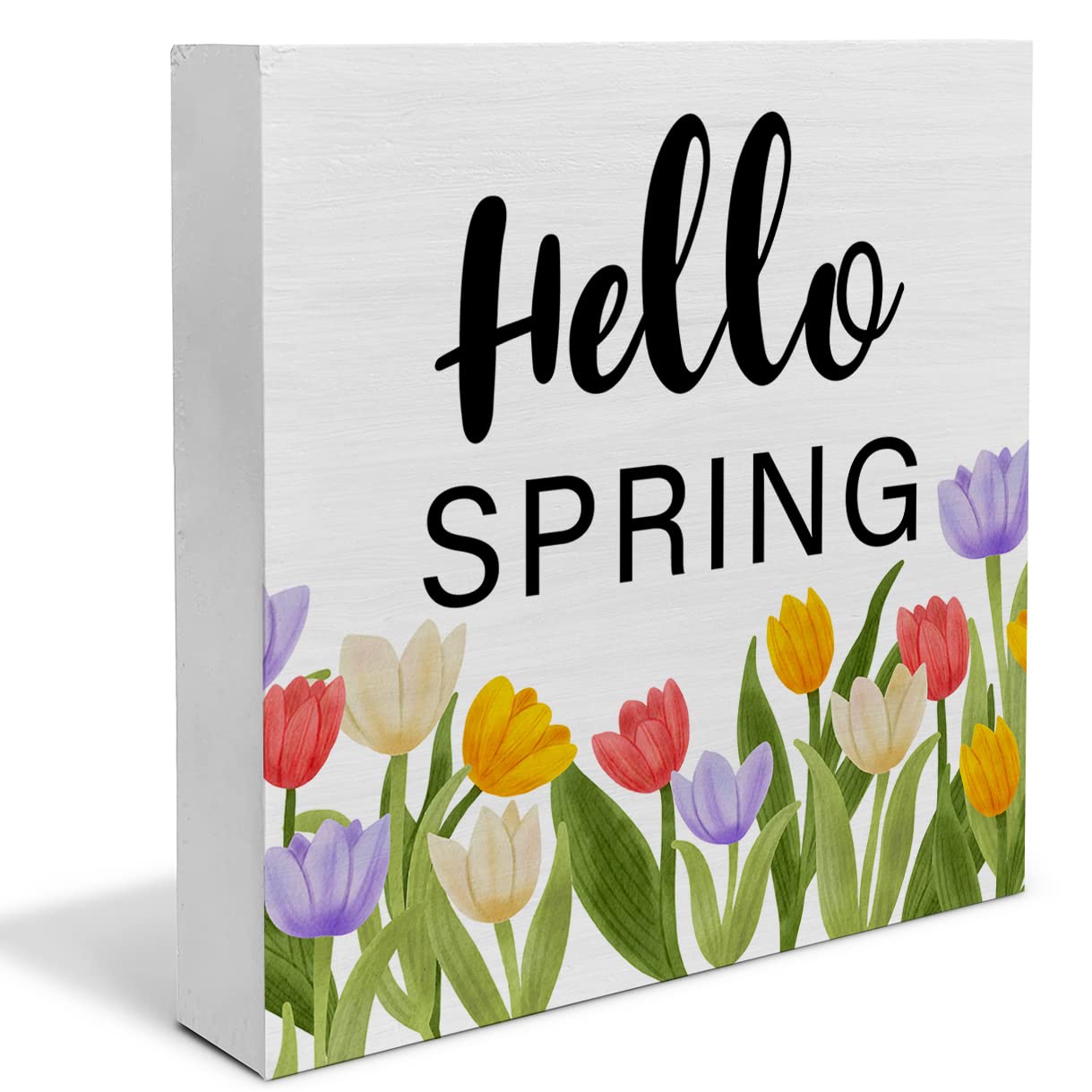 Snapklik.com : Floral Tulips Hello Spring Wooden Box Sign Farmhouse ...