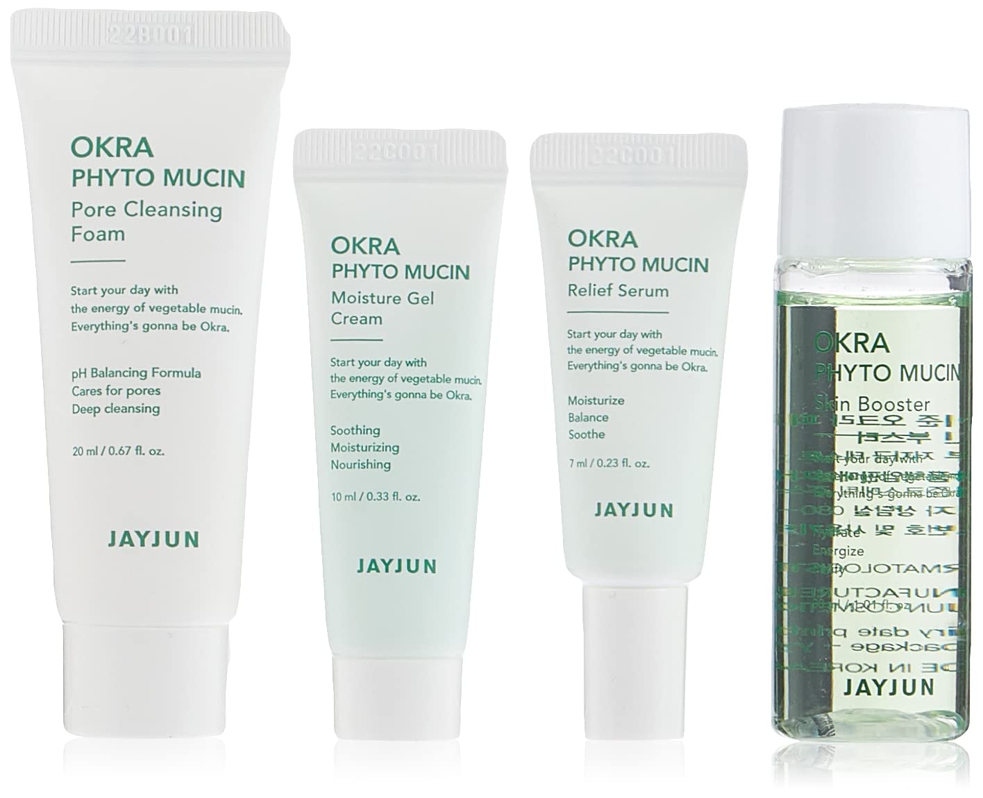 JAYJUN Okra Phyto Mucin Trial Kit Foam 20Ml, Booster 30Ml, Serum 7Ml, Cream 10Ml, clear
