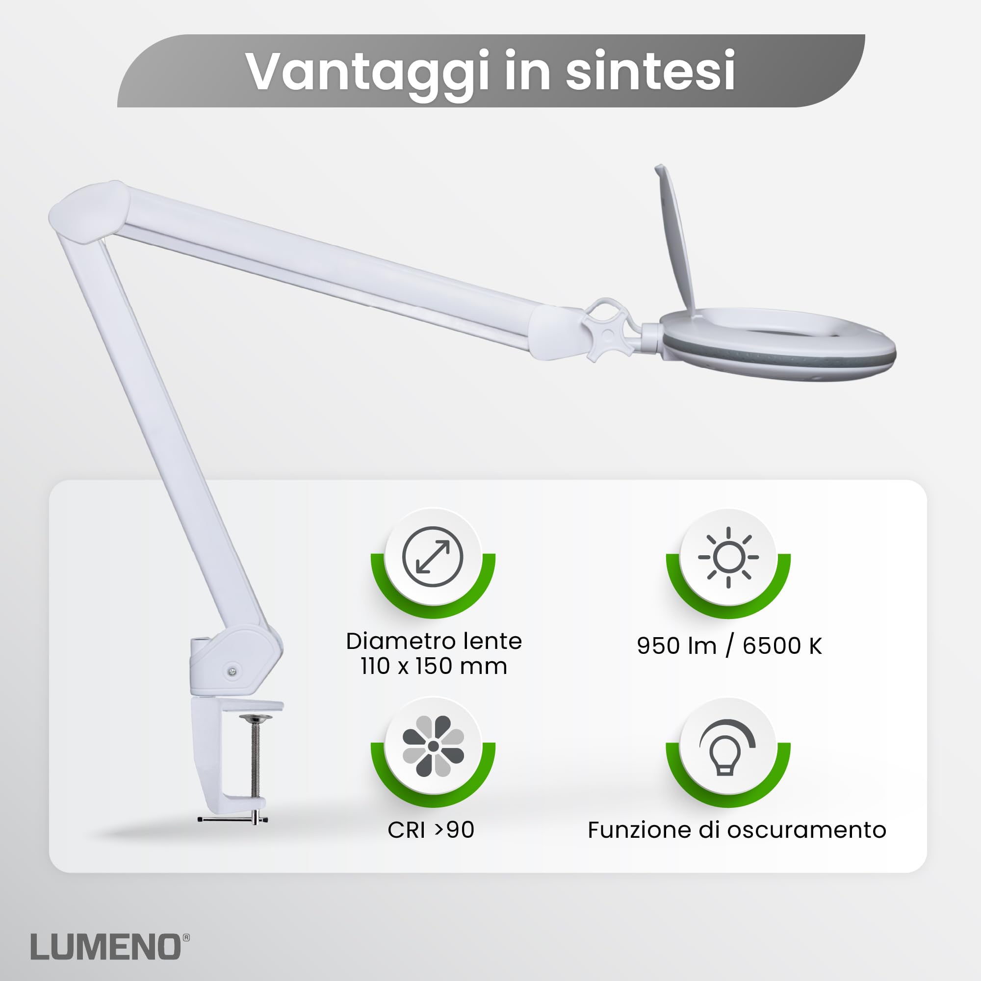 Lumeno 8615GR Lampada d'ingrandimento con grande lente ovale 110x150 mm, 60 LED dimmerabili in 2 fasi, perfetta come ausilio alla lettura, per i cosmetici, 5 diottrie grigio con treppiede rotante