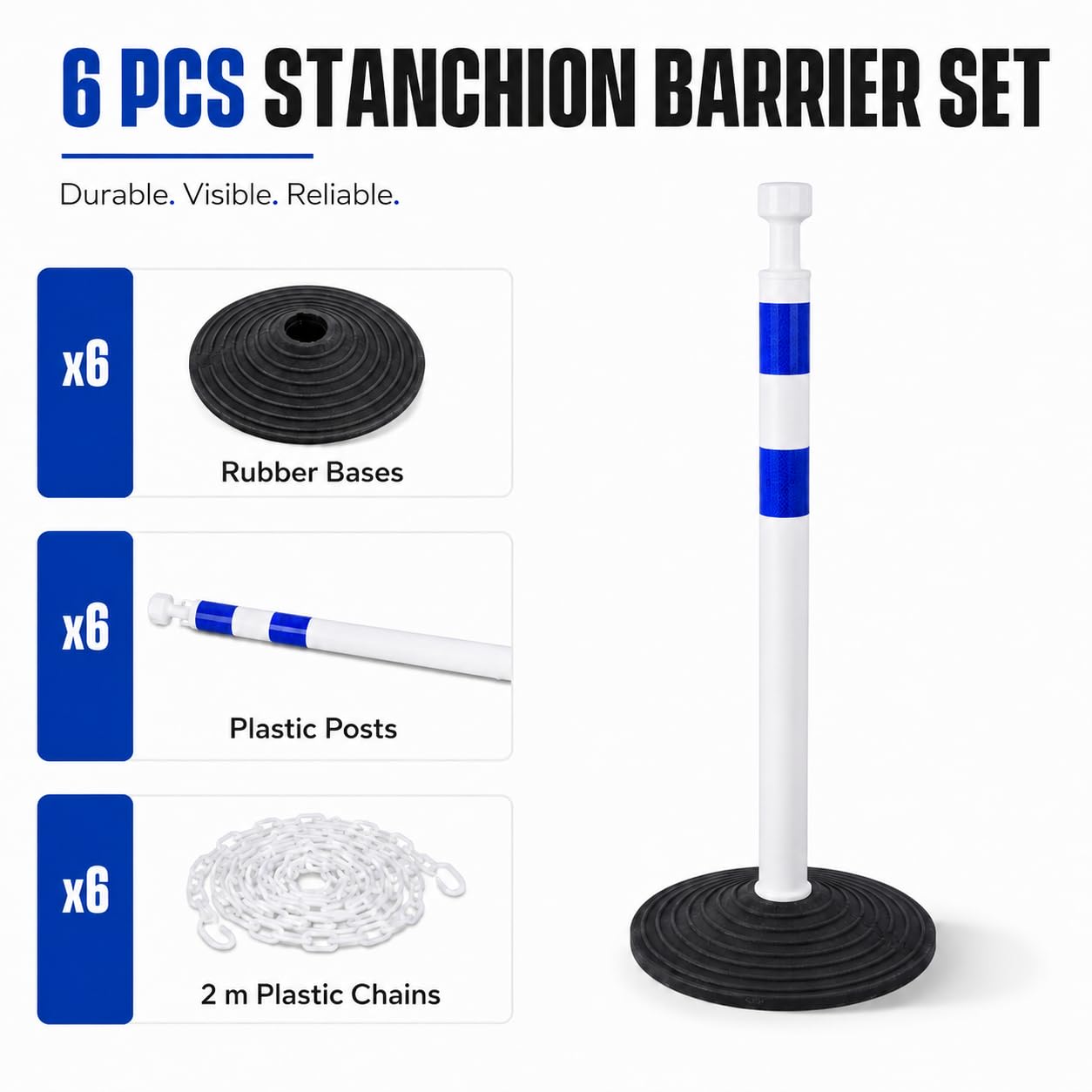 Set de 6 postes de seguridad de 99,6 cm con cadenas de plástico de 2 m, portátiles, para delimitación de áreas, obras, parkings y eventos (Blanco y azul)