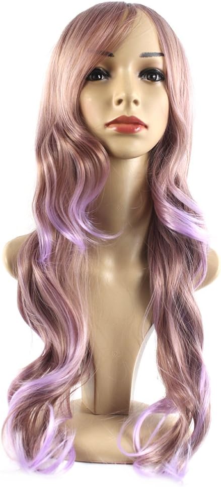 Xiaoyu 36"70cm Long Curly Brown Light Purple Synthetic Hair Lolita Cosplay Wigs, Brown + Purple, 27.56 inch