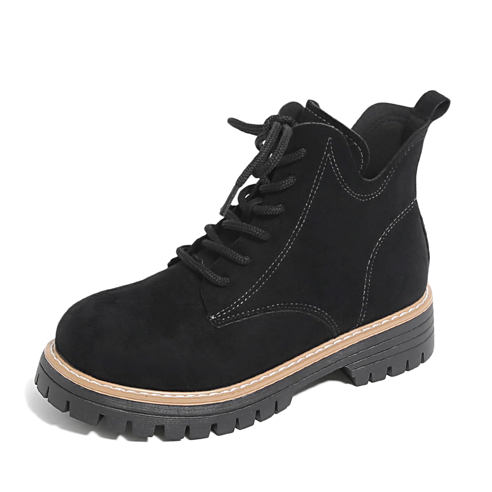 Womens Lug Sole Suede Lace up Ankle Boot Fall Comfortable Round Toe Chunky Platform Anti-slip Walking High Top