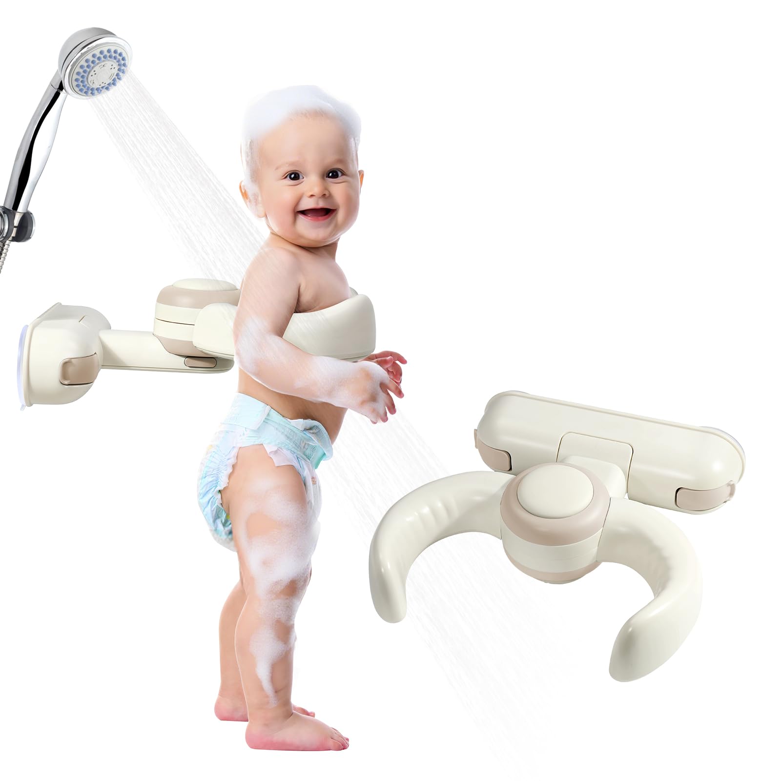 Orzbow Foldable Baby Bath Support, Adjustable Wall-Mounted Shower Stand for 6-36 Months, Stable & Strong Vacuum Suction, Fits All Smooth Surfaces, Mold & Moisture Proof, New Parents’ Choice, Brown