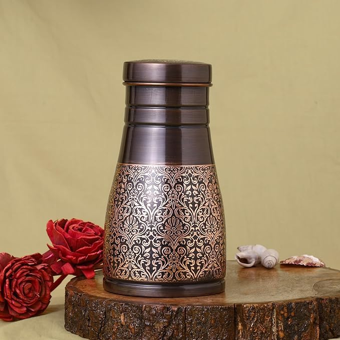 Pure Copper Bedside Carafe for Ayurveda Health Benefits - Capacity - 1 Liter (33.81 US Fluid Ounce) (Floral Pattern) - Image 4