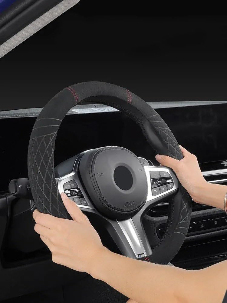 Funda de Volante calefactable Fundas para Volante de Coche de Gamuza de Piel de Vaca, universales, 37-38 cm, Transpirables, Accesorios para Coche(Round Blue Label)
