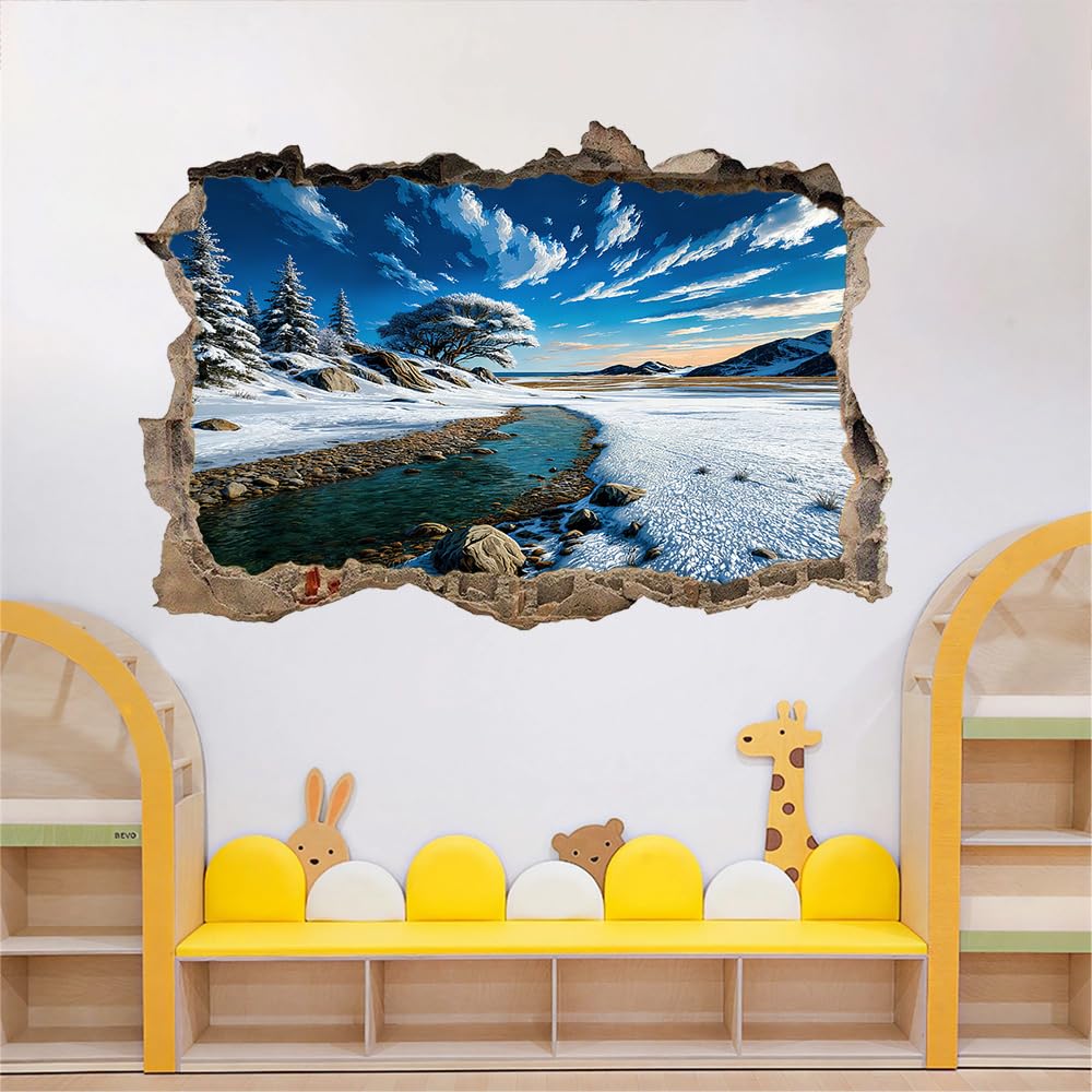 Wandtattoo 3D Durchbruch Fluss Wandsticker Wanddekoration selbstklebend Winterliche Naturlandschaft Wandaufkleber Deko Schlafzimmer Wohnzimmer Kinderzimmer Kunst Wohnkultur Wandbilder